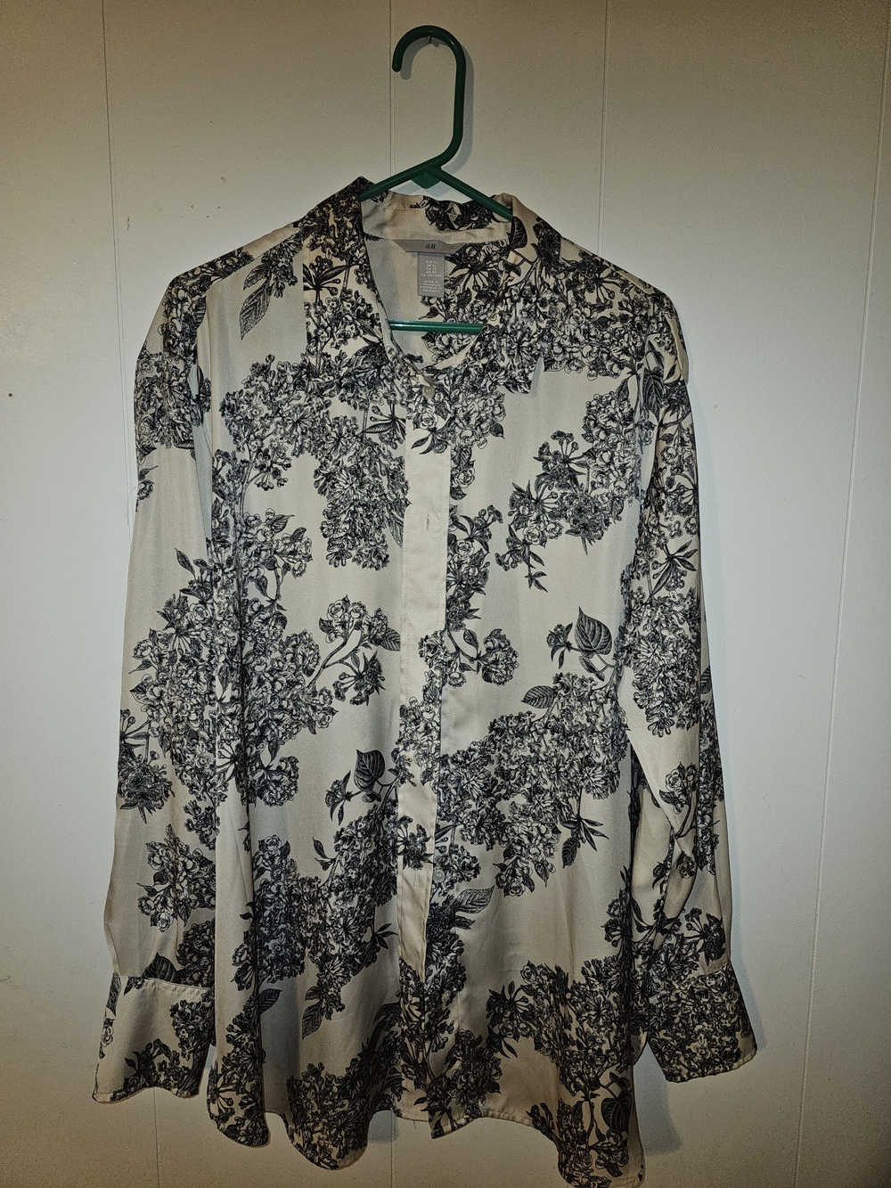 H&M Silk Cream Button-Up Shirt with Black Floral Print